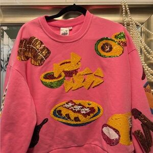 QUEEN OF SPARKLES Vibrant Pink Sequin Food Sweatshirt